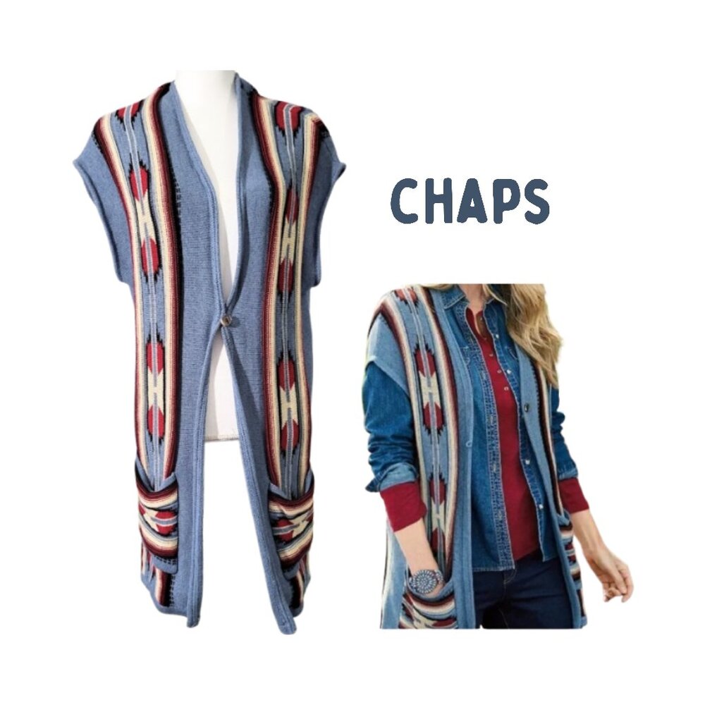 CHAPS Southwestern Blue Print Knit Sweater Vest With Pockets - Women's XL
